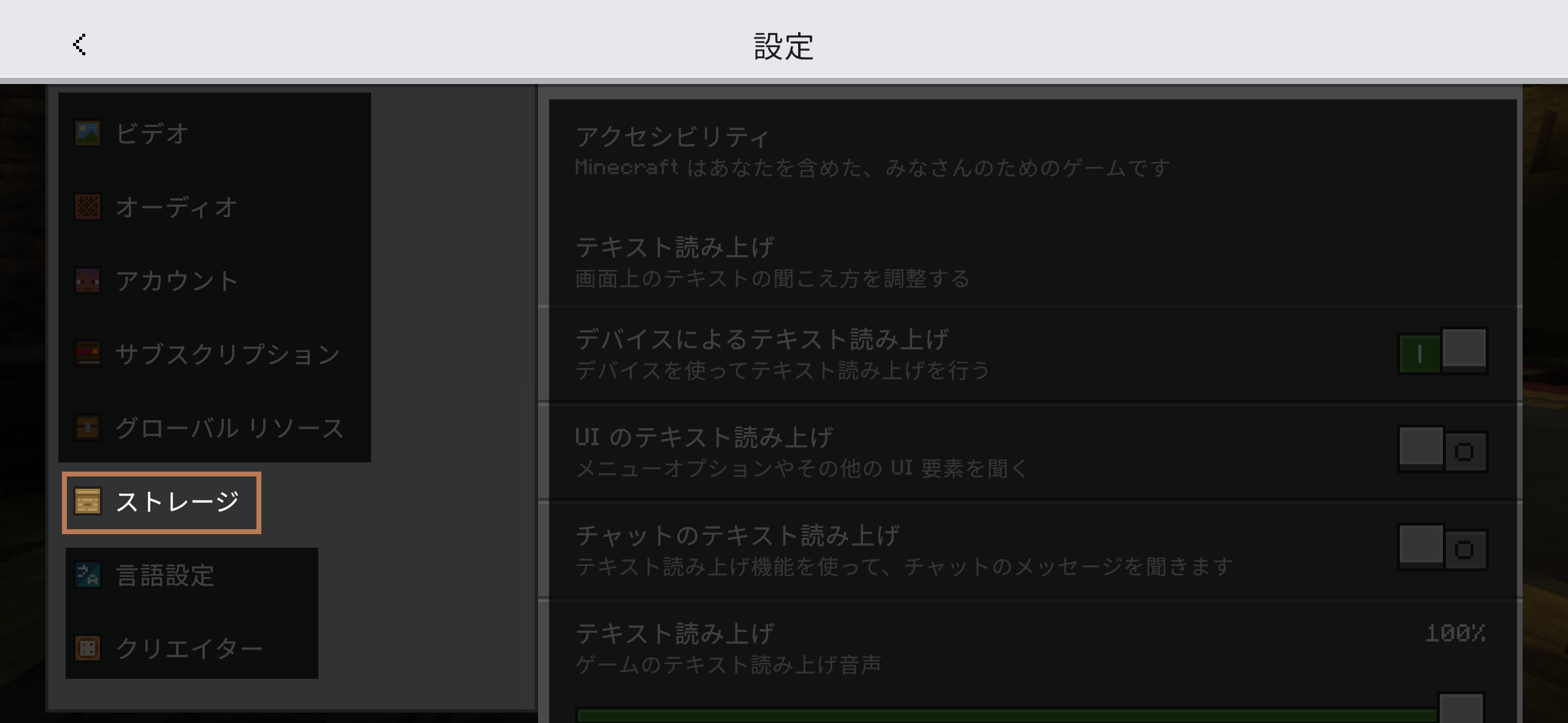 設定内のストレージを選択